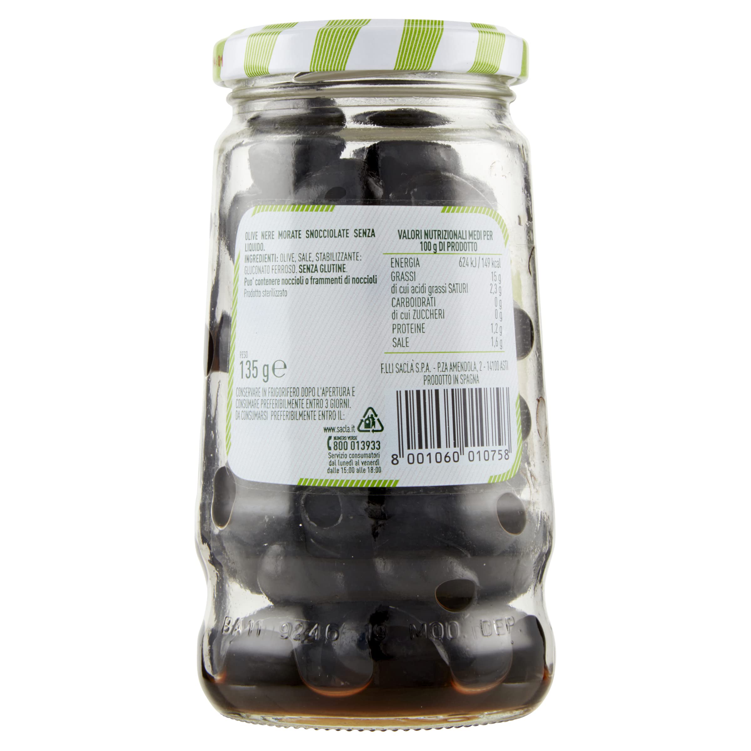 Saclà, OlivOlì, Olive Nere Denocciolate, Ideali per Insalate e per Arricchire i Tuoi Piatti, Senza Liquido, Vaso Vetro, 135g, Confezione da 12 pezzi