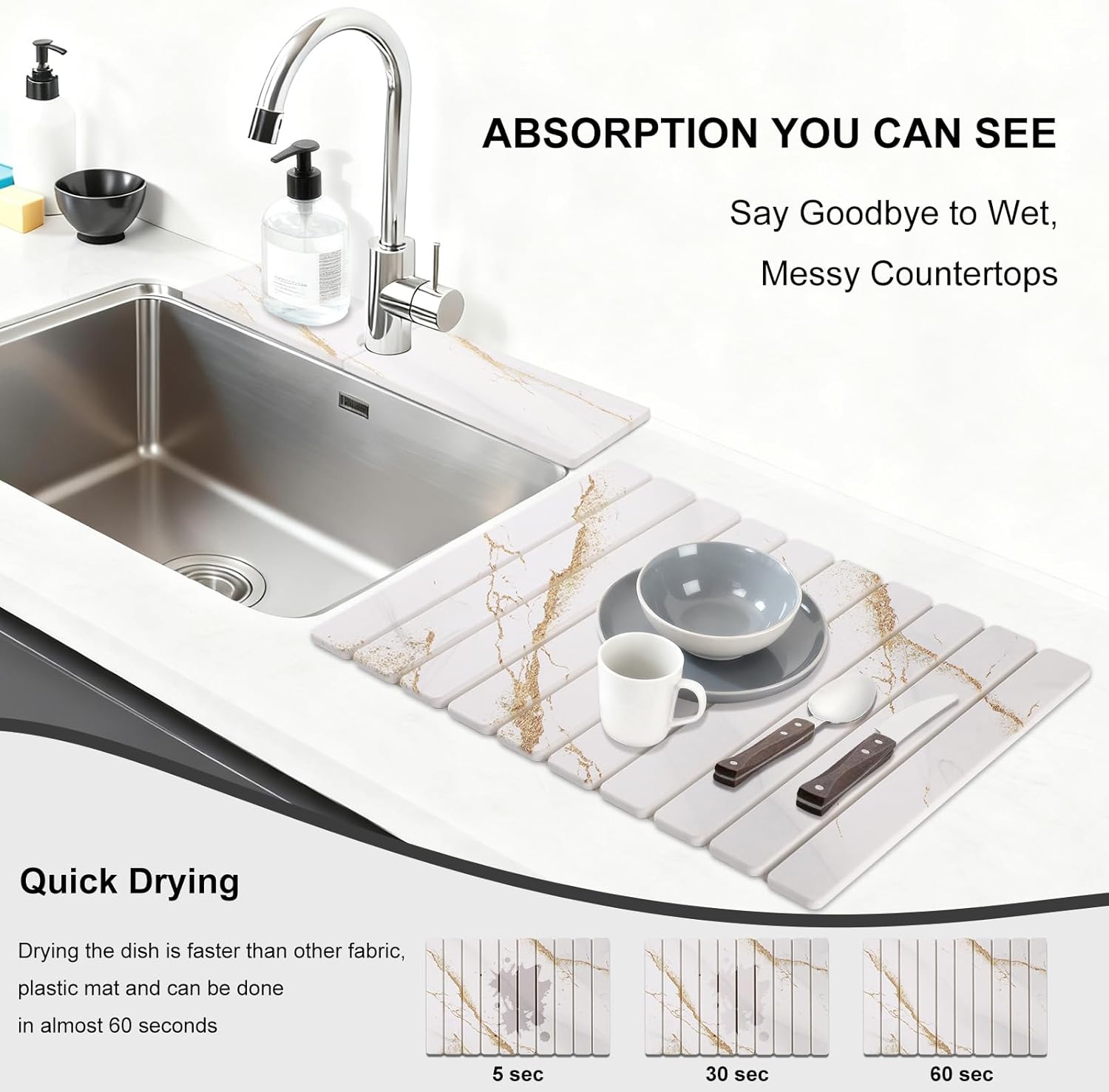 3 PCS Large Stone Dish Drying Mat for Kitchen Counter, Quick Dry Stone Dishes Mats, Sink Faucet Mat, Marble Water Absorbing Diatomaceous Earth Drying Pad for Countertop Tableware, Bottles