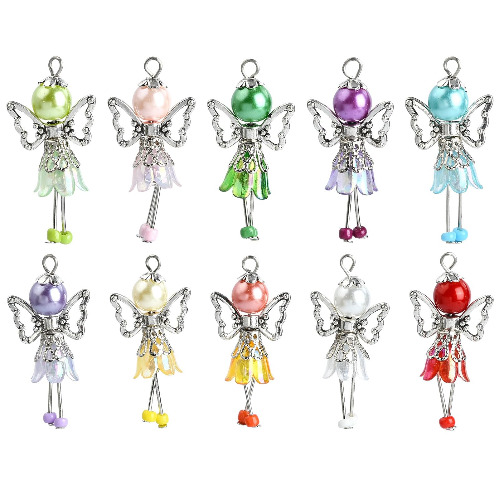 UR URLIFEHALL 50 Pcs 10 Styles Guardian Angel Charms Colourful Round Flower Beads with Fairy Wing Charms for Crafting Jewellery Making Keychain