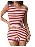 Women's Summer 2 Piece Outfits Striped Asymmetrical Neck Knit Tank Crop Tops and Shorts Set