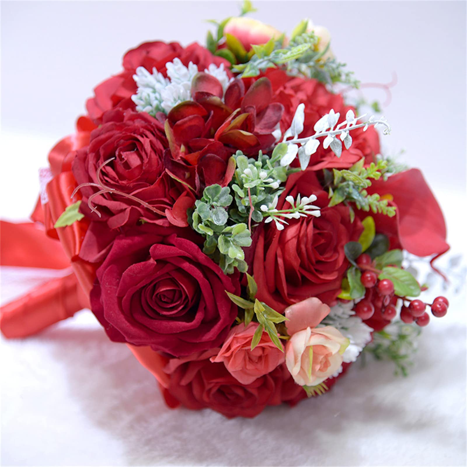 Ramo de Novia Artificial con Flores, Rosa Rosa rústica de 25 cm con Cintas (f)