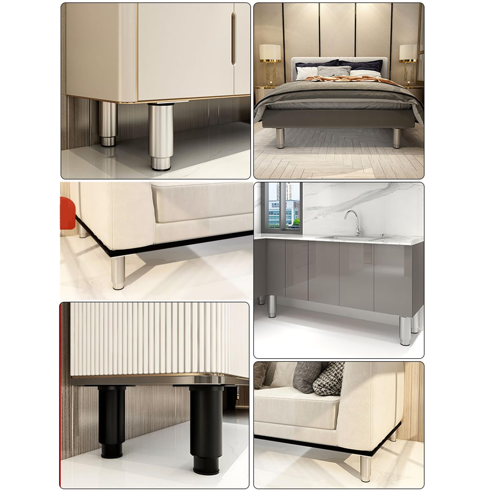 Metal Muebles Cocina Baño Piernas, 4 piezas de patas de metal for muebles, patas de mesa ajustables, patas de soporte de sofá de acero inoxidable, reemplazo, con tornillo(Schwarz,600mm(23.6in))