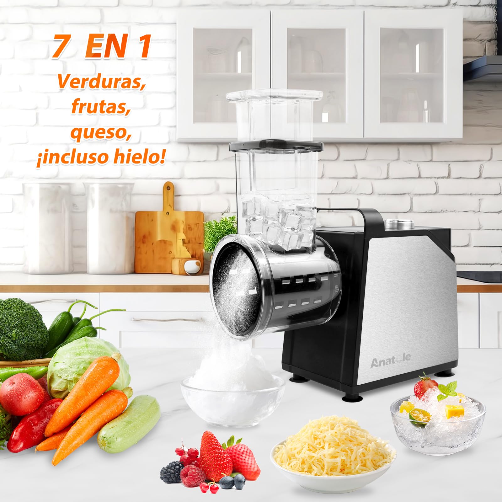 Anatole Cortador de Verduras Eléctrico Picadora de Hielo 7 Cuchillas Rallador de Queso Acero Inoxidable 250W Gran Calibre Mandolina de Cocina Multifuncional 220V Enchufe UE