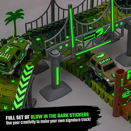 Miniatura 5 de JITTERYGIT Pista de dinosaurios y 2 jeeps de carreras extra, regalo de Navidad, juego de cumpleaños de carreras de autos STEM que brilla en la