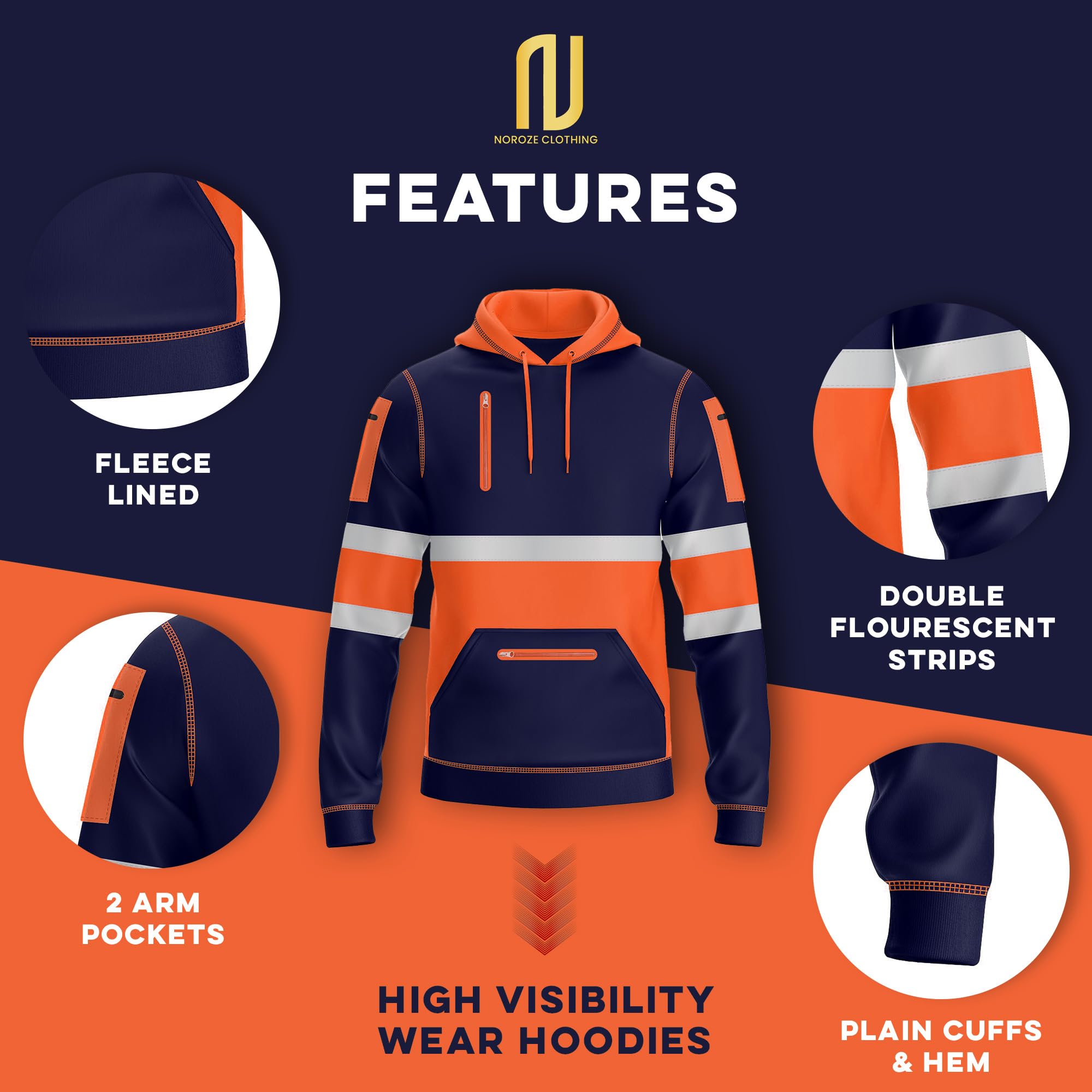 NOROZE Męska bluza z kapturem Hi-Viz szara taśma odblaskowa płaszcz bezpieczeństwa o wysokiej widoczności z 4 zamkiem błyskawicznym użytkowe kieszenie na telefon i gadżet bluza top kurtka rozmiar UK
