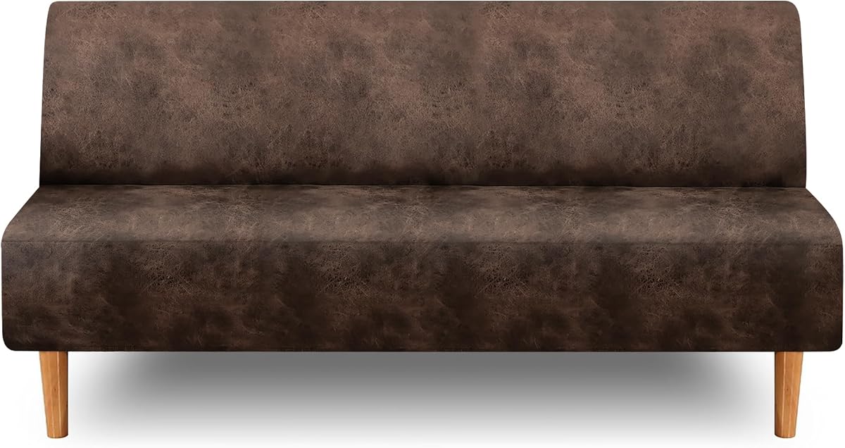 ANARACHON Leather Look Stretch Futon Slipcover Armless Futon Bed Cover Furniture Protector Without Armrests with Elastic Bottom for Sofa Bed (02-2Brown, L)