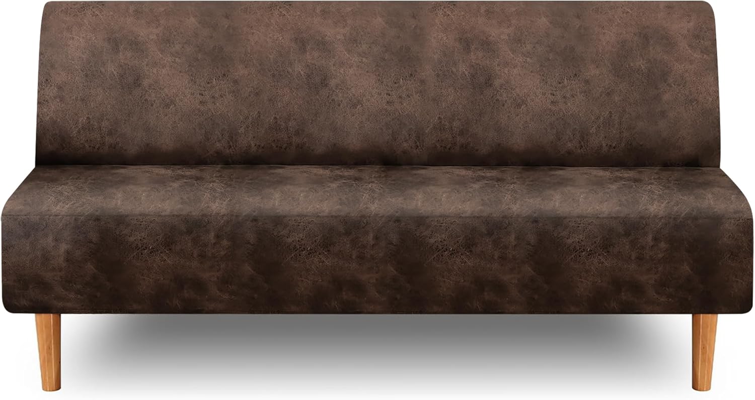 Leather-Like Stretch Futon Slipcover, Armless RV Jackknife Sofa Cover for 62"-73" Back, Faux Leather Texture Furniture Protector, Machine Washable, Pet & Kids Friendly (Large, Dark Brown)