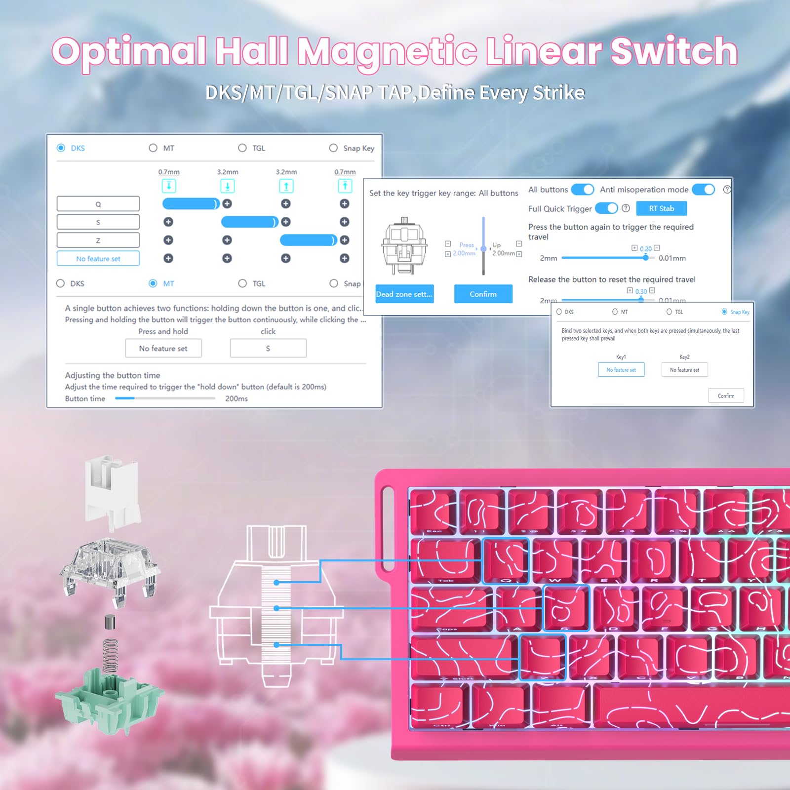 MAMBASNAKE x Attack Shark X68HE Rapid Trigger-Magnetschalter-Tastatur, 0,01 mm einstellbare Betätigung, kabelgebundene 60%-Gaming-Tastatur mit Spiralkabel, SOCD, 8000 Hz, RGB, PBT-Tastenkappen(Pink)