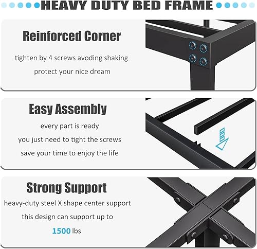 Miniatura 6 de ZIYOO Marco de cama California King con cabecero de 14 pulgadas de alto resistente listones de acero con soporte de 3000 libras, fácil montaje, sin