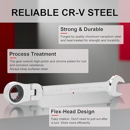 Miniatura 3 de Jetech Llave de trinquete de 0.945 in Cabezal flexible Llave de extremo de caja 12Pt Combinación métrica de trinquete cromo vanadio, forjada,