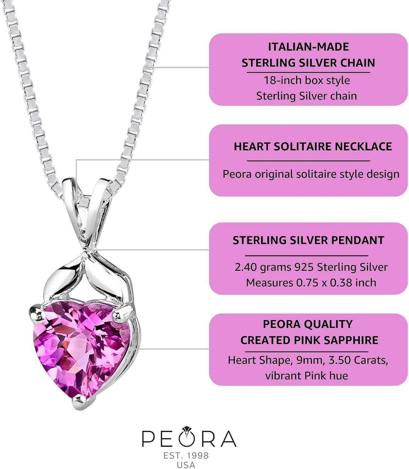 PEORA Created Pink Sapphire Heart Pendant Necklace 925 Sterling Silver, Designer Solitaire, 3.50 Carats, 9mm, with 18 inch Silver Chain, September Birthstone Necklace, Sparkling Sapphire Jewelry