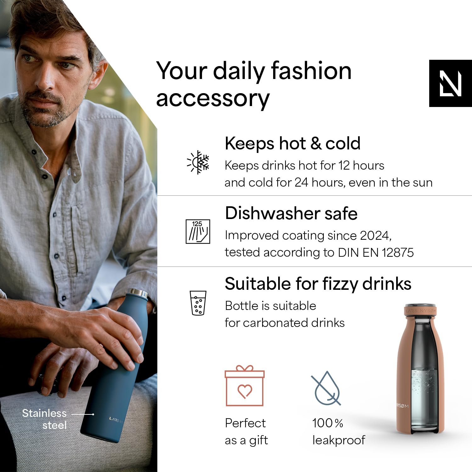 LARS NYSdiameter M Stainless Steel Insulated Water Bottle 350ml, 500ml, 750ml, 1L, 1 5 Liter, Blush Rose, 350 ml - Image 2