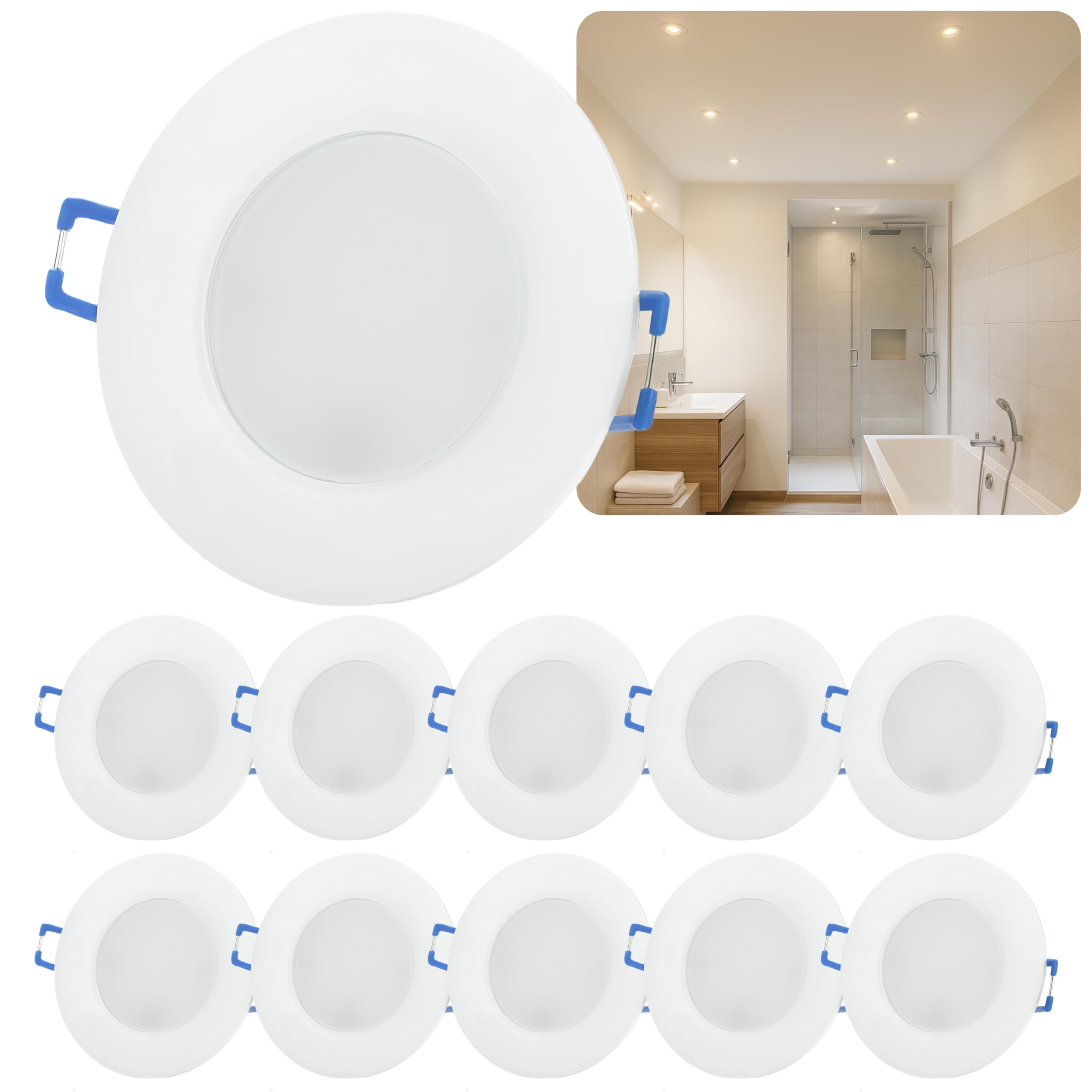 Sweet Led - LED Einbaustrahler 230V - LED Spots 6.5W Lochmaß Ø68mm - CCT IP44 Einbauspots für Badezimmer, Küche - Deckenspots 3000K 4000K 6500K - Einbauleuchten (10er | weiß)