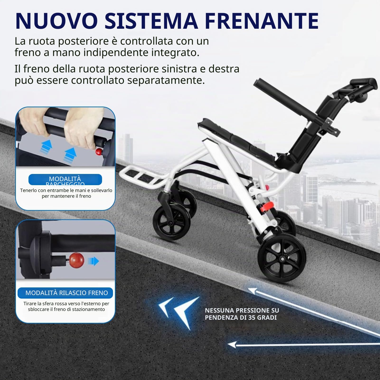 Sedia a rotelle pieghevole leggera, solo 8,2 kg, sedia a rotelle portatile con cinghia di sicurezza regolabile a 270°, braccioli ribaltabili con schienale rimovibile, sedia ergonomica da viaggio per