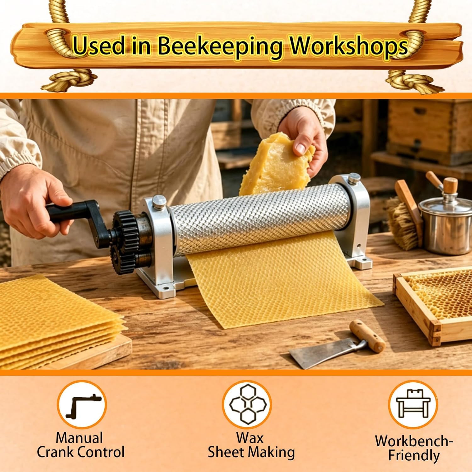 Rodillo de base de peine de cera de abejas, molino manual de aleación de aluminio de 280 mm, herramienta de apicultura para hojas de base de panal (4,9 mm)