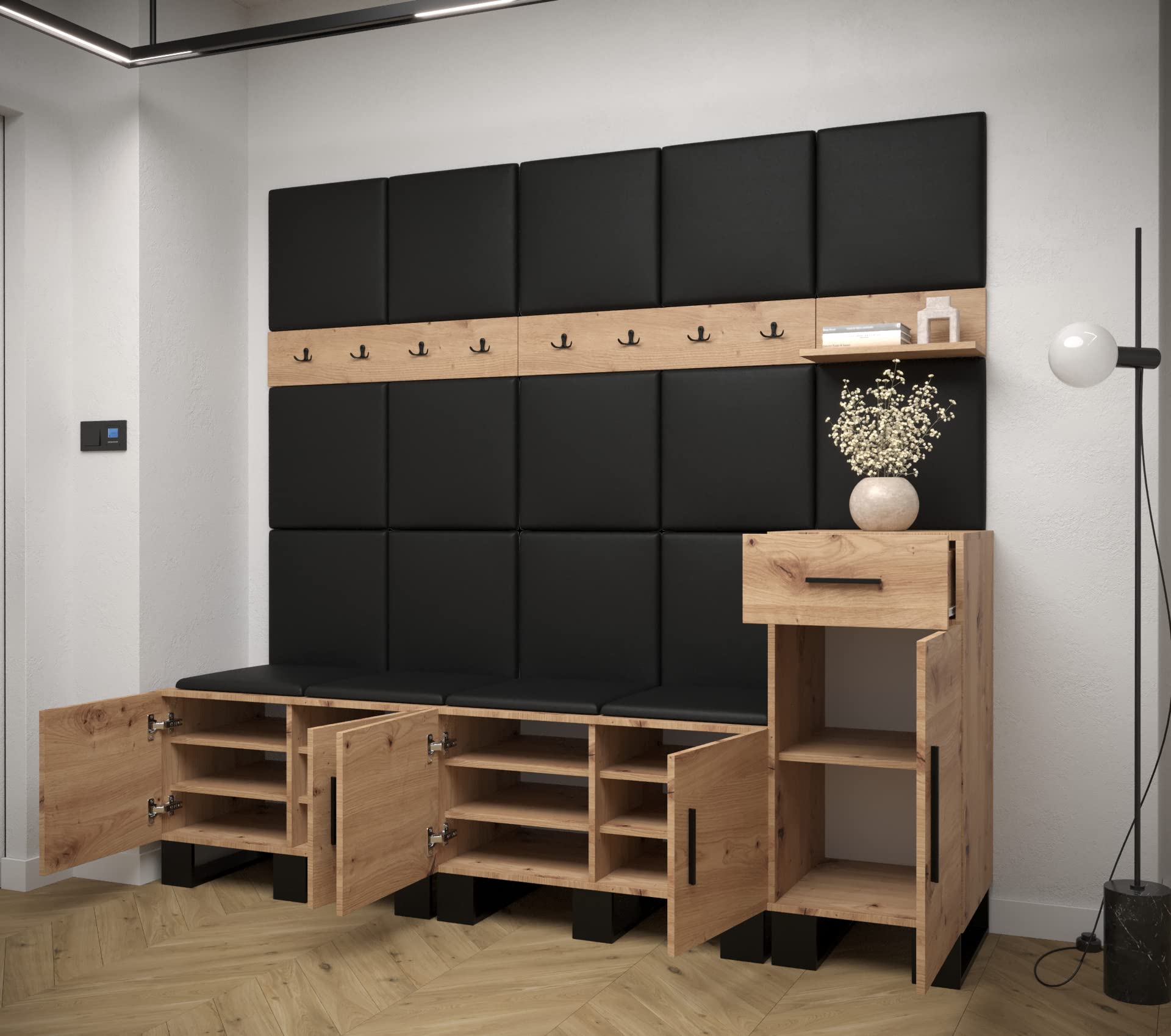 Garderobe Artin 210cm - Industrielle Standgarderobe Mit Gepolsterten Paneelen