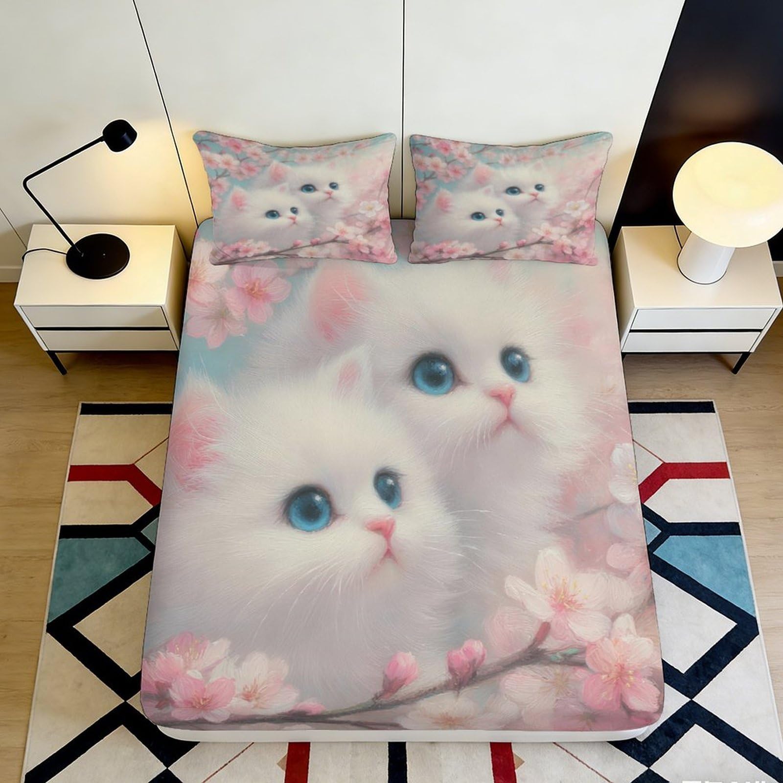 3D Printed White Kitten Fitted Sheet Microfiber Soft Breathable Cherry Blossom Bed Cover for Bedroom Dormitory Guest Room Protection Decor 140x200x25cm