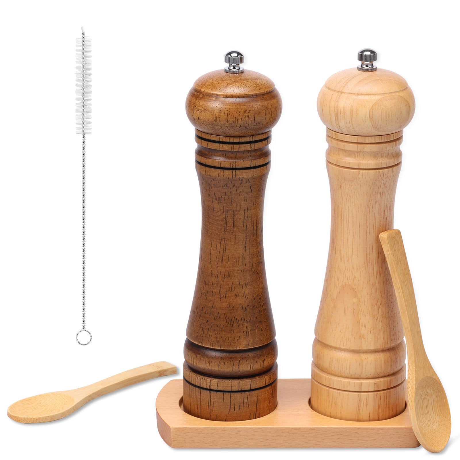 ZJRDYYK 2PCS Wooden Salt and Pepper Grinder Set, Adjustable Coarseness Salt and Pepper Shakers with Holder and 2 Spoons for Your Kitchen