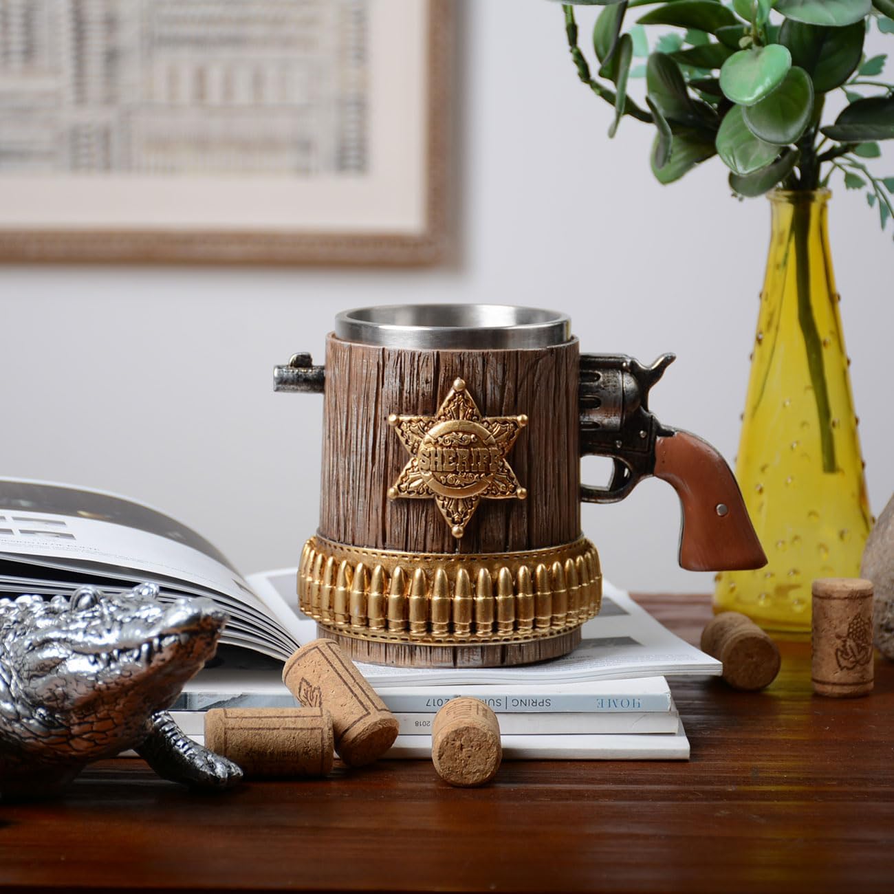 HAUCOZE Beer Stein Mug - Double-Wall Insulated Stainless Steel Coffee Drinking Cup with Handle,15oz,Sheriff Design for Oktoberfest Gifts and Collectibles - Image 9