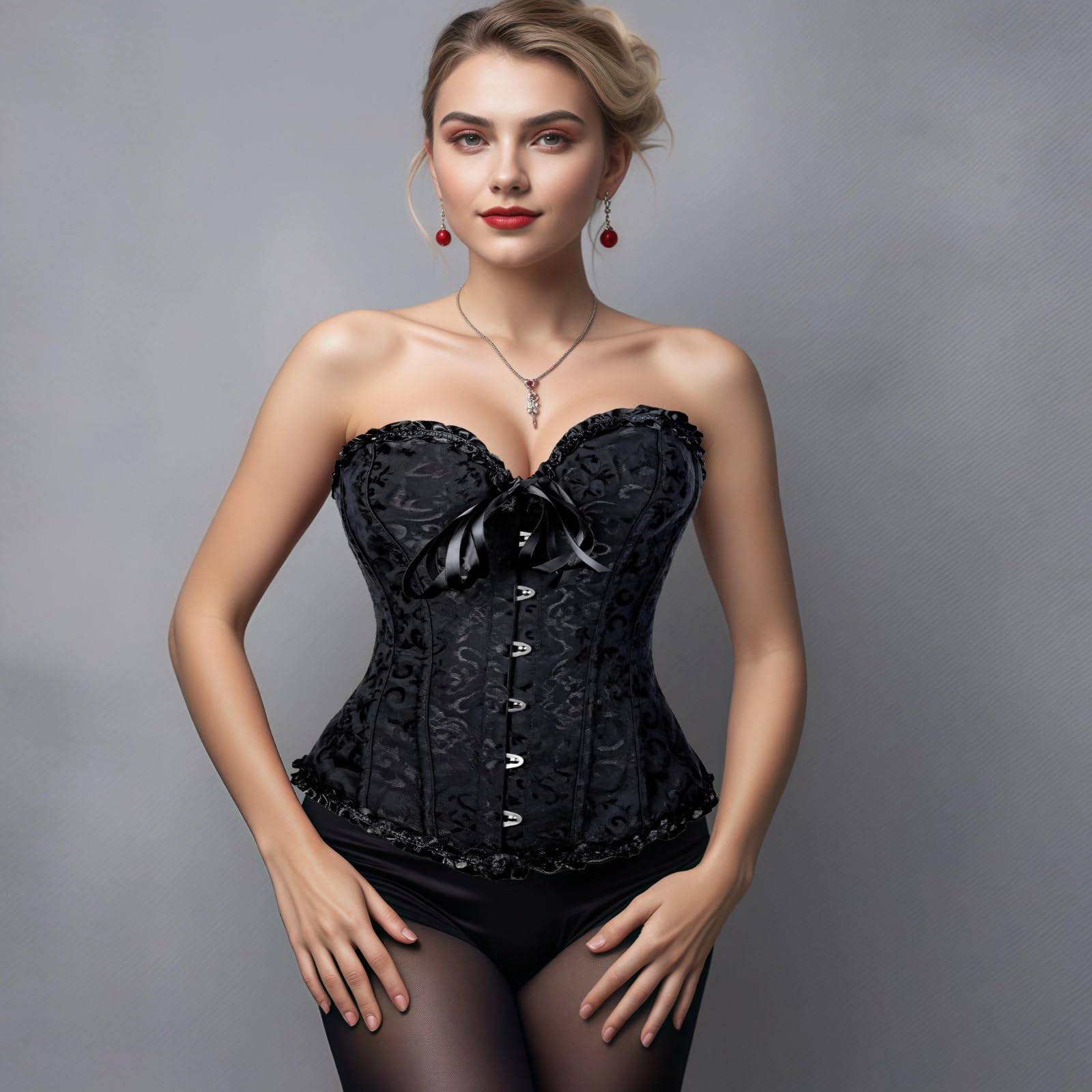 Elegante corsetto da donna, bustino modellante con bordi in pizzo e chiusura frontale, 5XL, nero