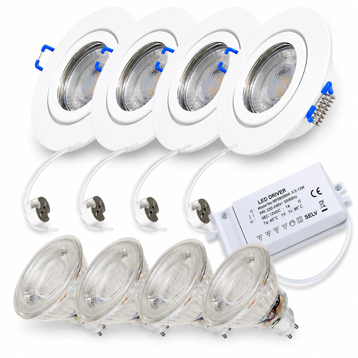LED Einbaustrahler 12 V IP44 – 4er Set in Weiß für Bad, Küche & Feuchträume, inkl. Trafo & MR16-Fassung – 3 W, 250 lm, 4000 K neutralweiß, Ø 60–68 mm, optimal zur Umrüstung auf moderne LED Beleuchtung