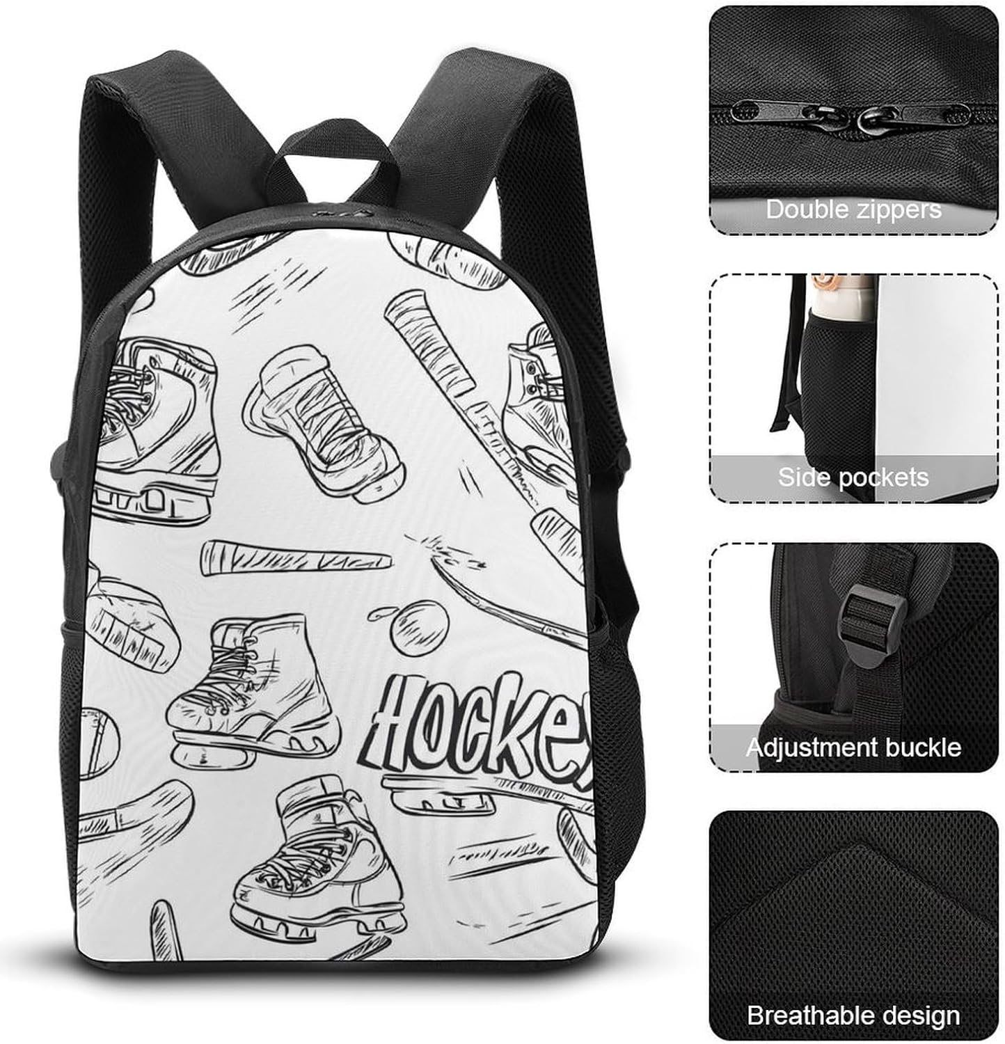 Hockey Skates And Ice Pucks Large Travel Backpacks Carry on Backpack Weekender Bag with 2 Storage Pockets for Men And Women