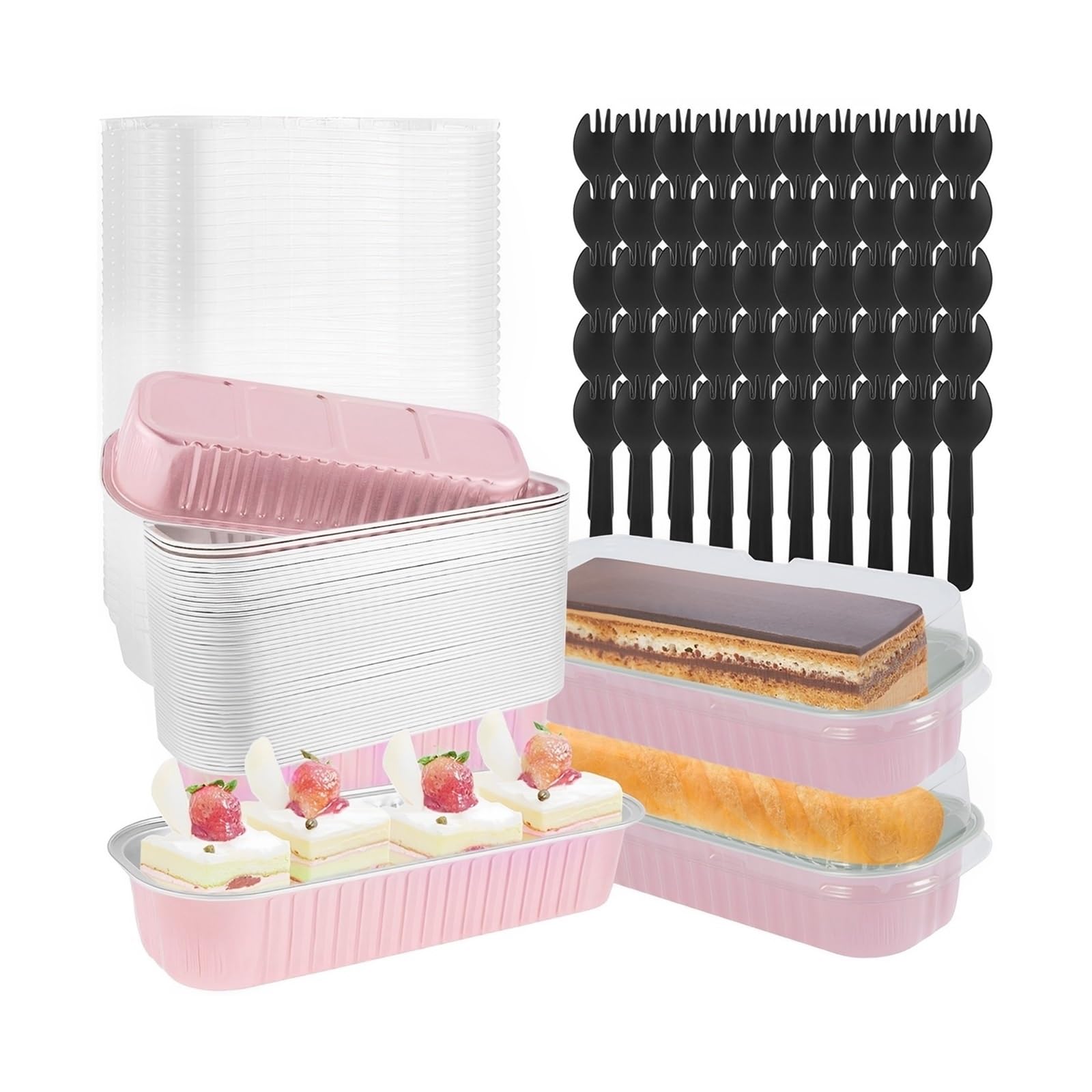 Juego de 50 mini moldes for pasteles con tapas y tenedores, rectangulares aluminio 200 ml for hornear, for pan portátiles Tazas De Papel De Pastel(Pink)
