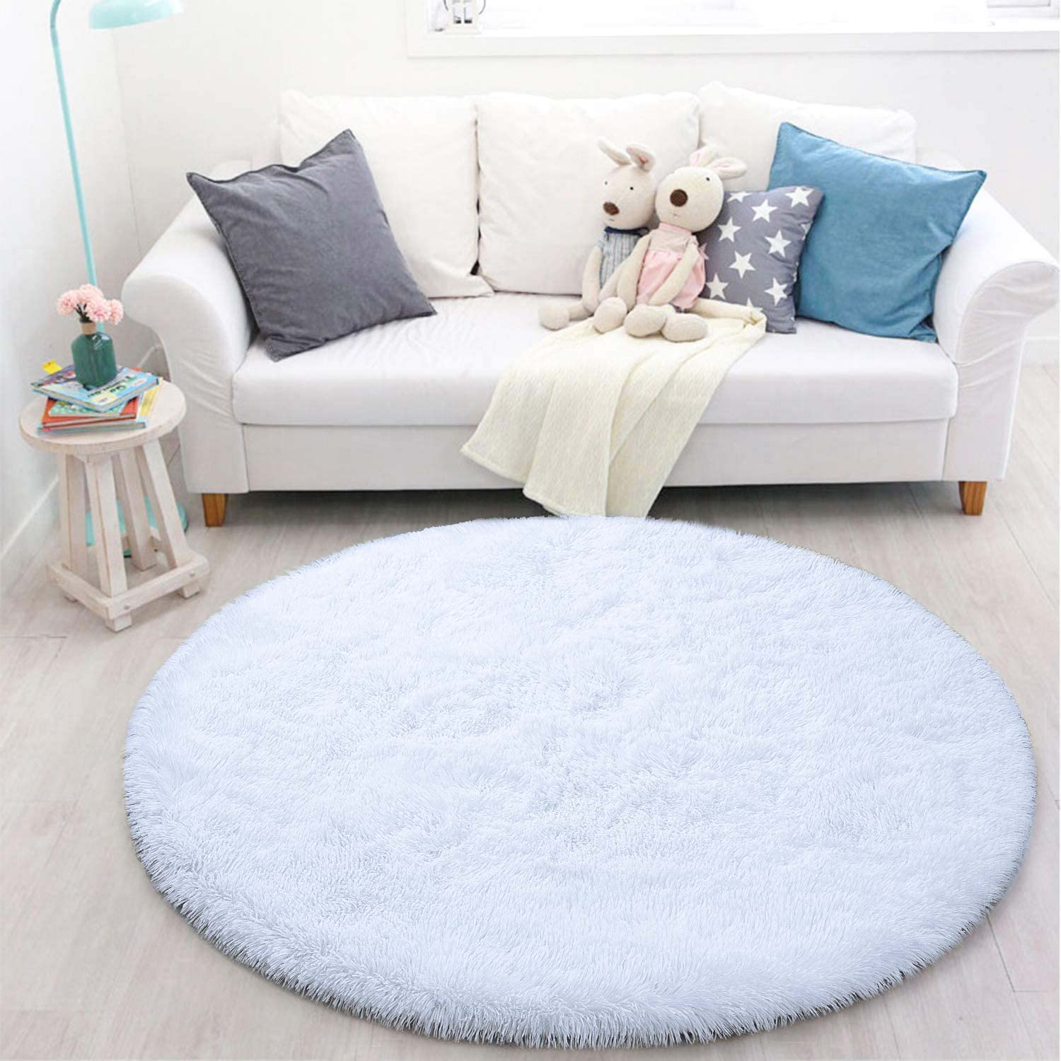 Tenekee Round Rugs for Bedrooms Fluffy Living Room Circle Area Rug Soft Shaggy Carpet for Kids Room Floor Mat(White, 120cm)