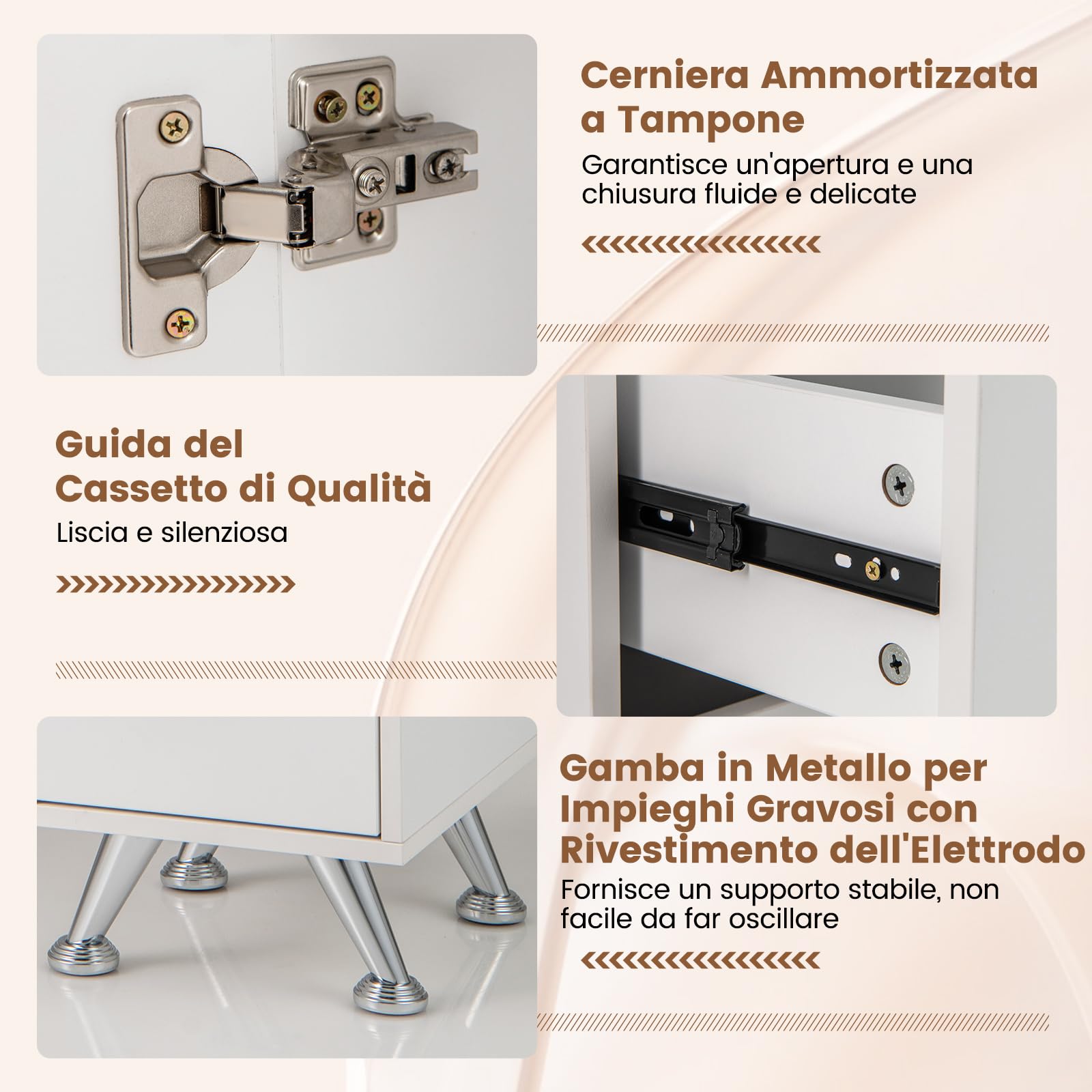 Tavolo da Manicure in Legno con Cassetti e Armadietti, Poggiapolsi Rimovibile, Gambe in Metallo, Bianco