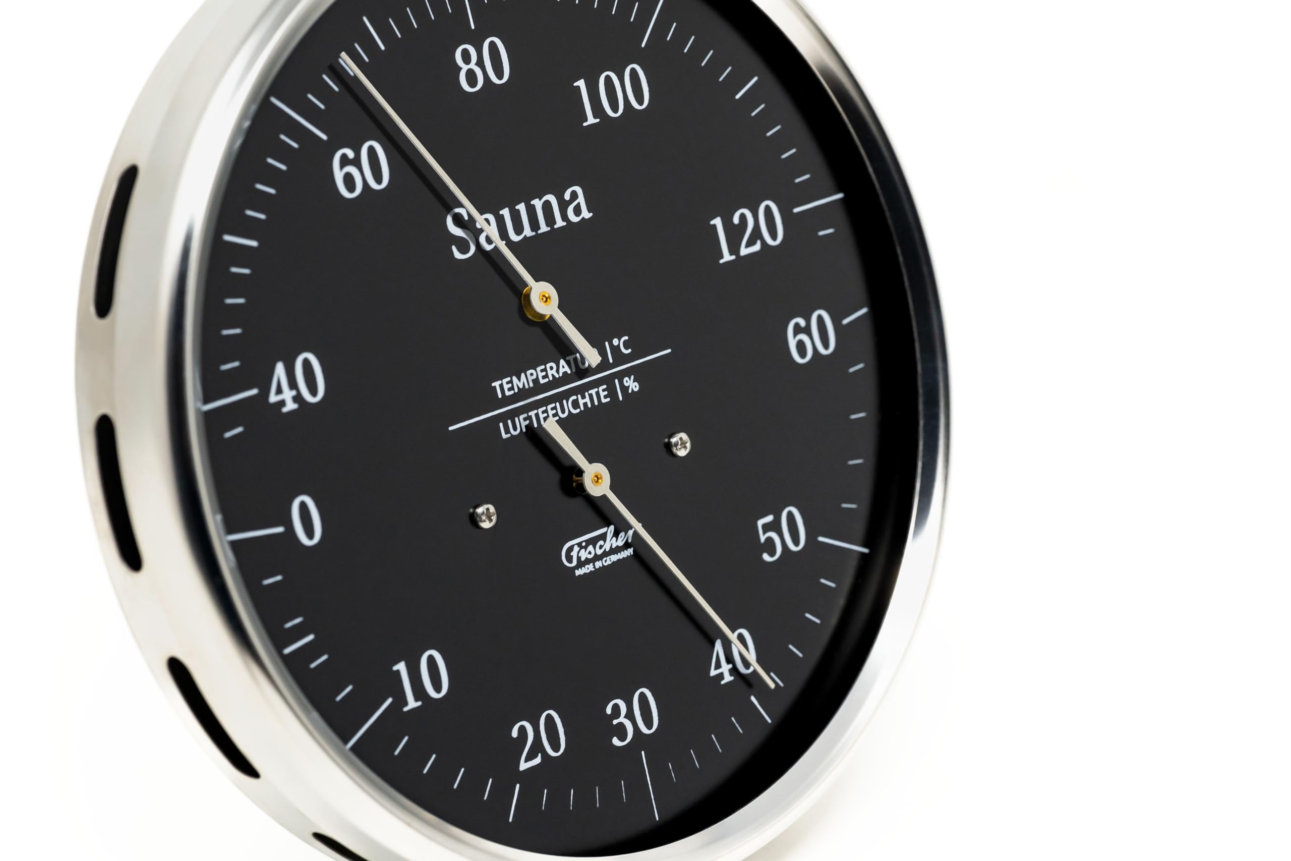 Fischer 194.01-06 Sauna-Thermohygrometer, Glas, Edelstahl, Thermohygrometer | Haar-Hygrometer und Bimetall-Thermometer , schwarzes Ziffernblatt, 130mm Durchmesser, Made in Germany