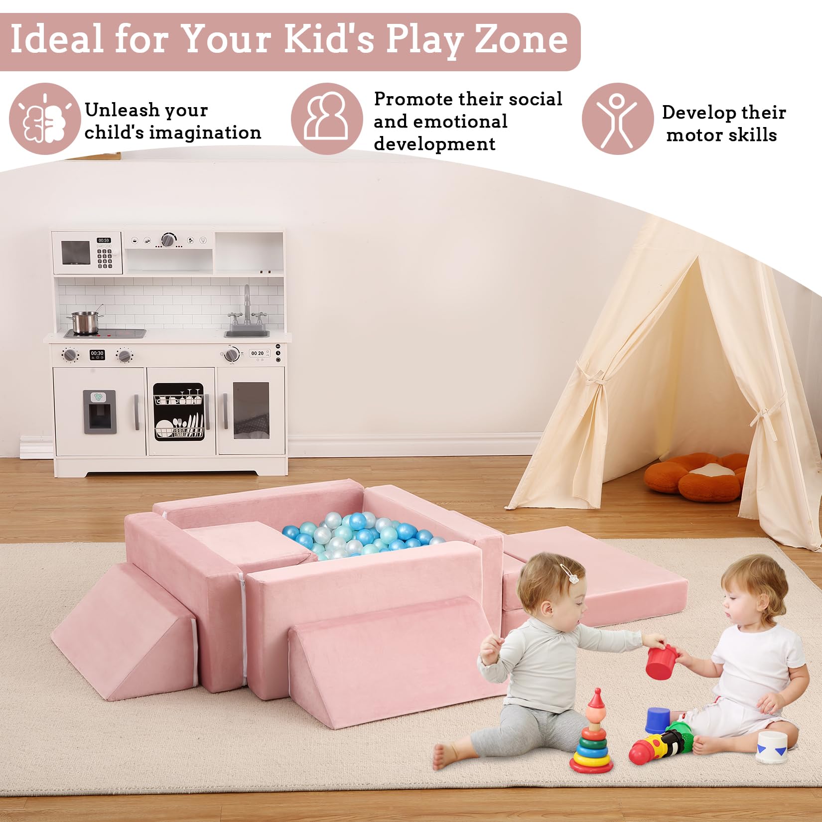 Garvee Canapé de Jeu Évolutif pour Enfants 12 Pièces, Piscine à Balles Carrée et Toboggan, Meuble en Mousse pour Construire des Cabanes, Jeu Créatif, Motricité, Salle de Jeux, Rose