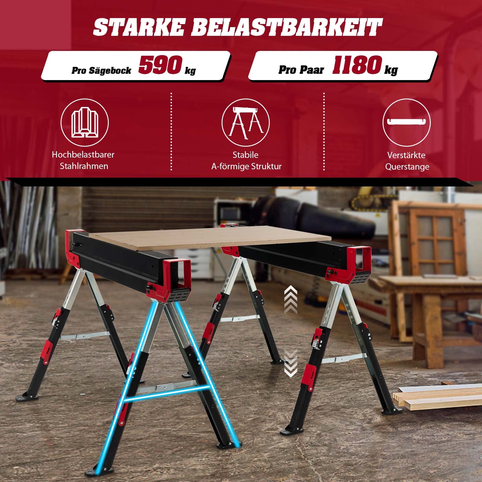 COSTWAY 2 x ​Arbeitsbock höhenverstellbar, bis 1180 kg belastbar, Klappbarer Sägebock, Rutschfeste PVC-Oberseite, Tragbarer Unterstellbock mit Griff, Faltbarer Gerüstbock Klappbock (Rot+Schwarz)