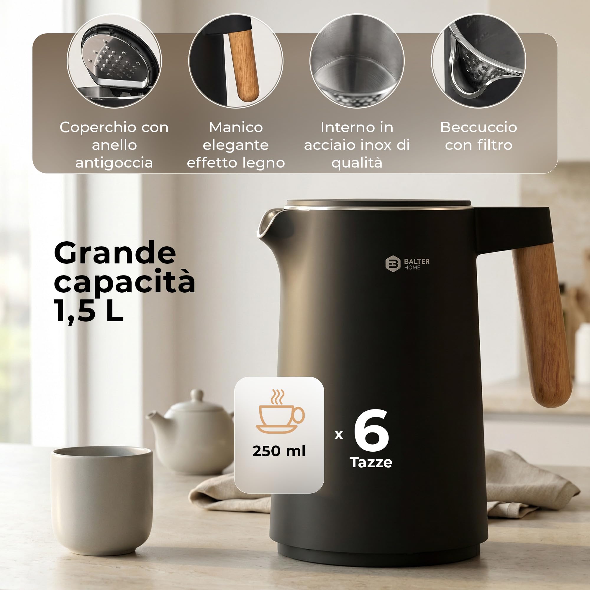 BALTER Bollitore elettrico temperatura regolabile, Acciaio Inox, 45 °C - 100 °C, kettle, doppia parete, senza BPA, 1,5 l, 2200 W, nero