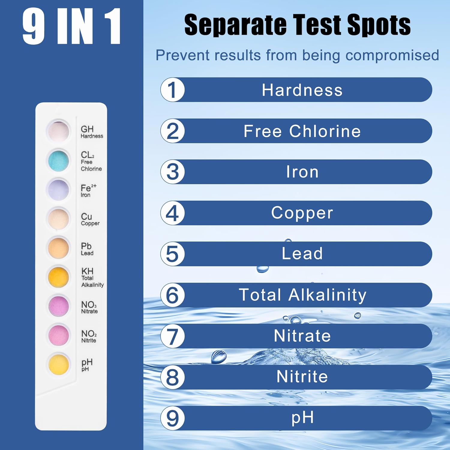 2025 Upgraded Drinking Water Testing Kit, Individually Wrapped 9-in-1 Home Tap and Well Water Quality Test Strips for Hardness, Lead, Iron, Copper, Chlorine, PH, Alkalinity, Nitrate, Nitrite, 7Pcs