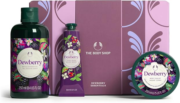 The Body Shop Dewberry Essentials Gift Set, Shower Gel 250ml, Body Yogurt 200ml, Hand Balm 30ml, Fruity Floral Body Care Set, 48hr Hydration, Softening, Fast Absorbing, Vegan Skincare Gift
