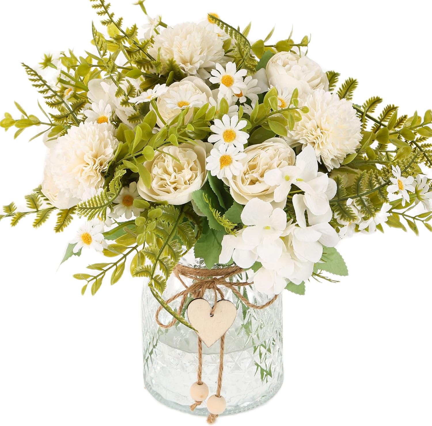 Kimura's Cabin Peonies Artificial Flowers with Vase Silk Fake Flowers Hydrangeas Faux Flower for Office Home Table Centerpiece Bathroom Arrangement Decorations(White)