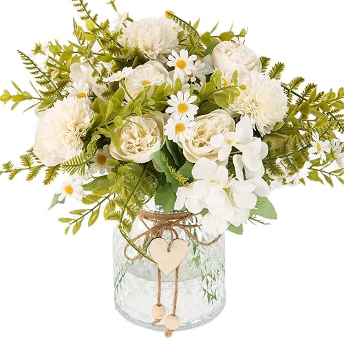 Kimura's Cabin Artificial Flowers with Vase White Fake Peony in Glass Vase | faux flowers in vase,Home Table Centerpiece,Office Arrangement, Living Room floral,Farmhouse Bathroom Plant Decor