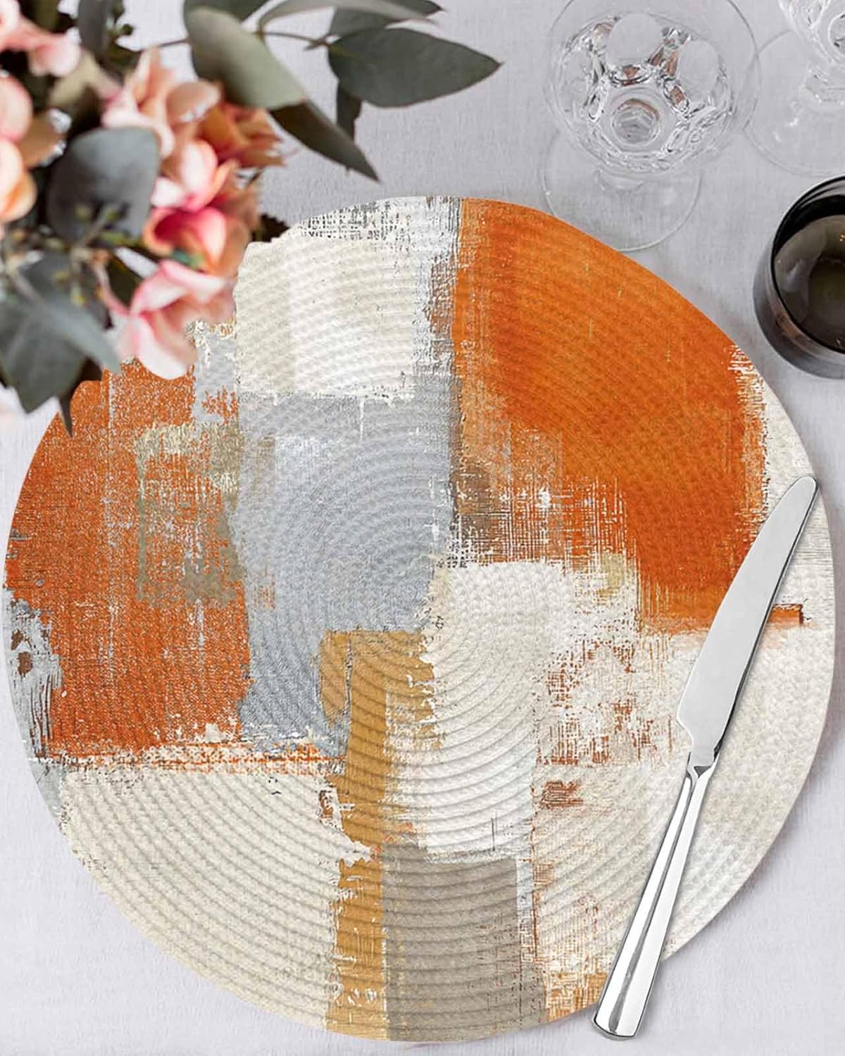Round Placemats Set of 8 Orange Gray Beige Block Place Mats Washable Woven Placemat Abstract Art Circle Braided Table Mat for Kitchen Dining Table Party Home Decor 15 Inch