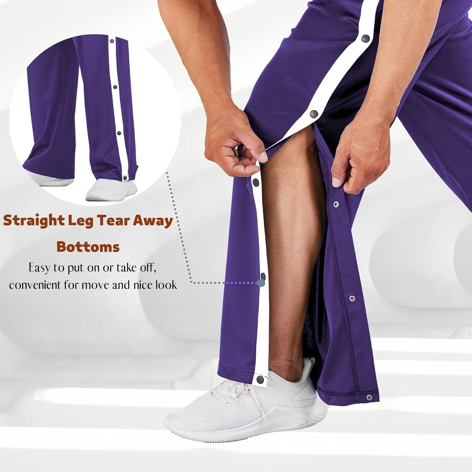 Deyeek Men's Tear Away Basketball Pants High Split Snap Button Casual Post-Surgery Sweatpants with Pockets - Image 3