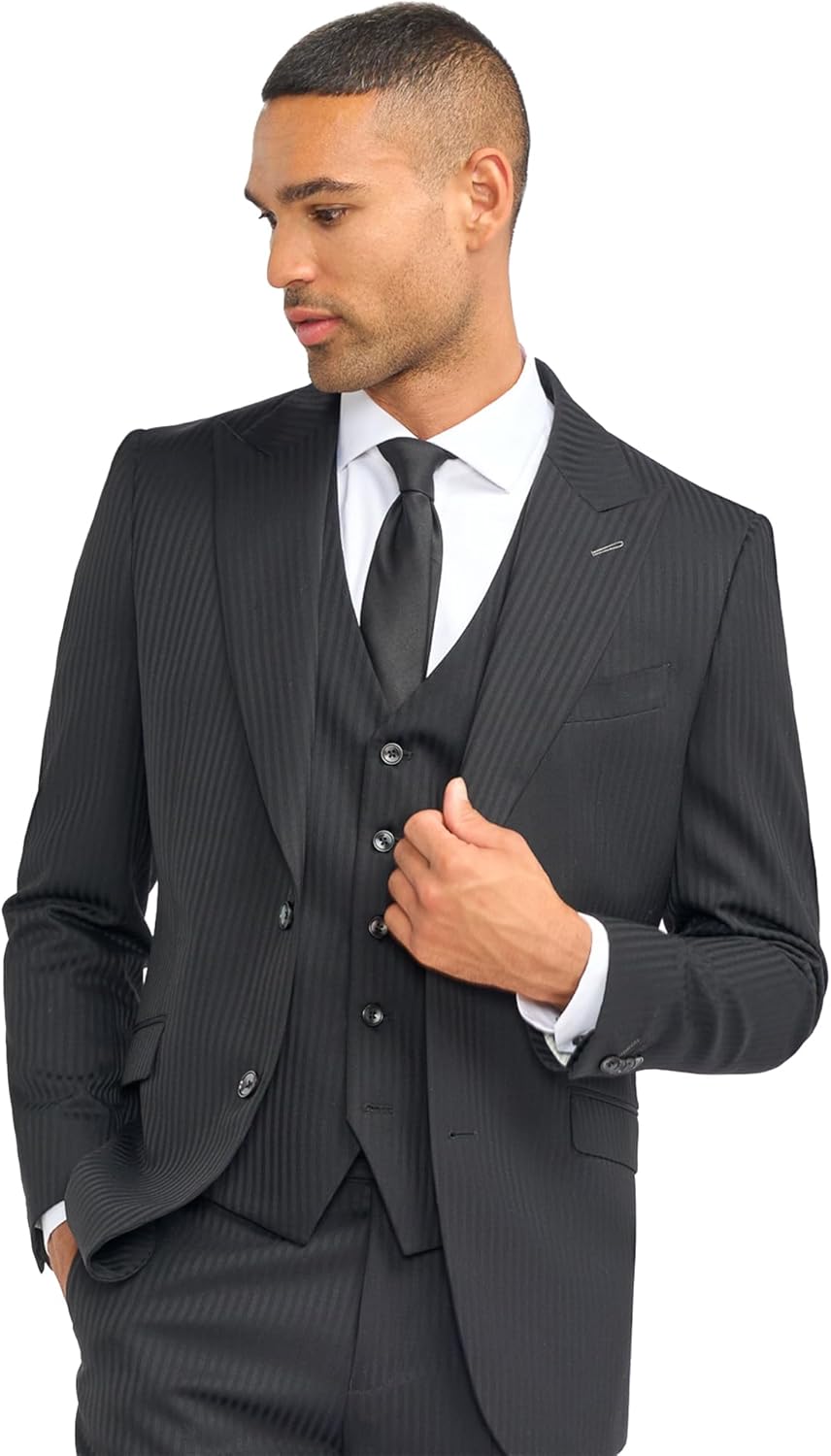 Men’s Wool Black Pinstripe Sold Separately Suit, 3 Piece Slim Fit Wedding Business Formal Attire