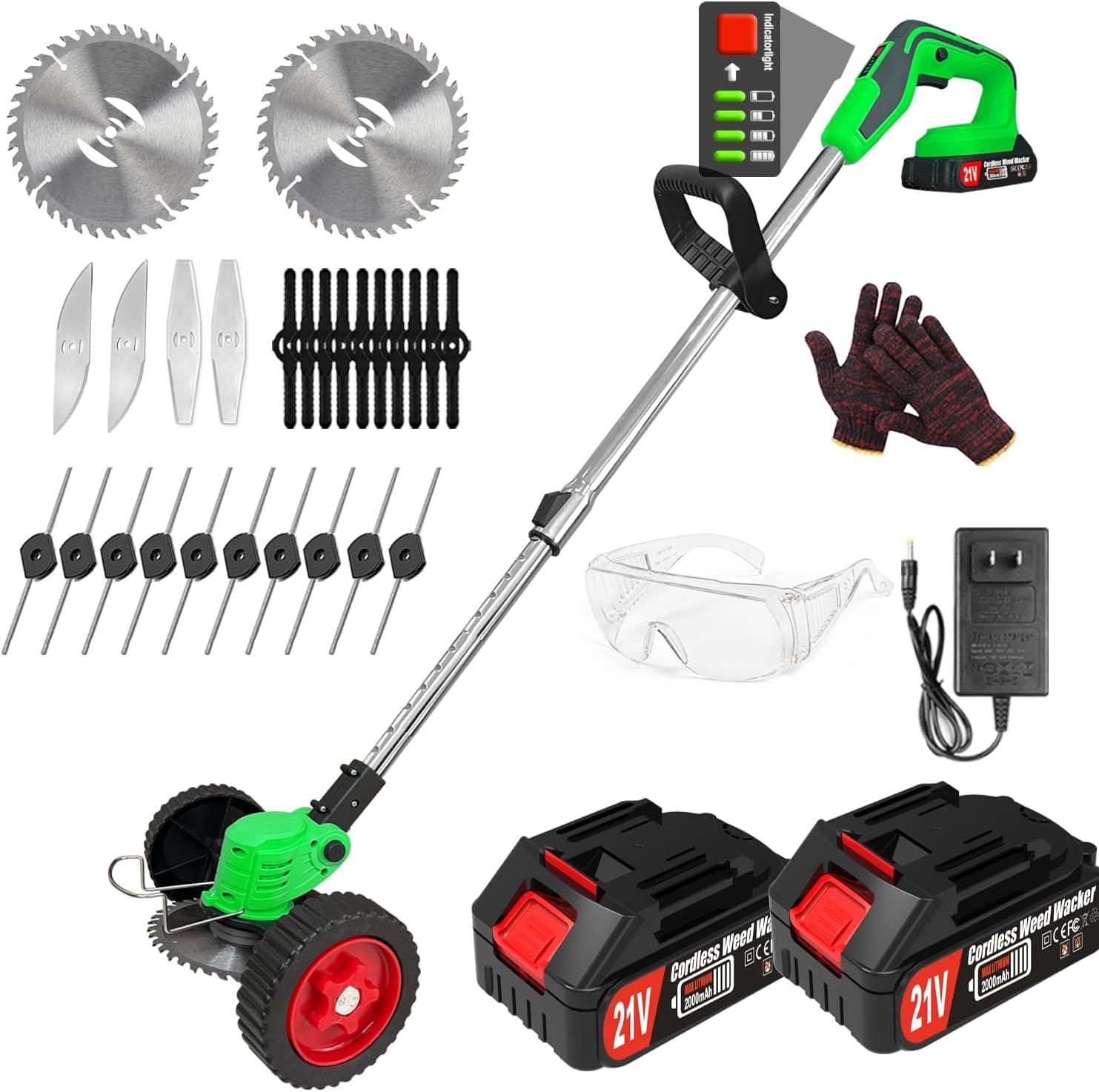 Cordless Weed Wacker Electric Battery Powered Weed Eater, Lightweight Grass Trimmer Edger Lawn Tool with 2X 2000mAh Battery Powered & 5 Types Blades Wheeled Lawn Mower, for Garden Yard
