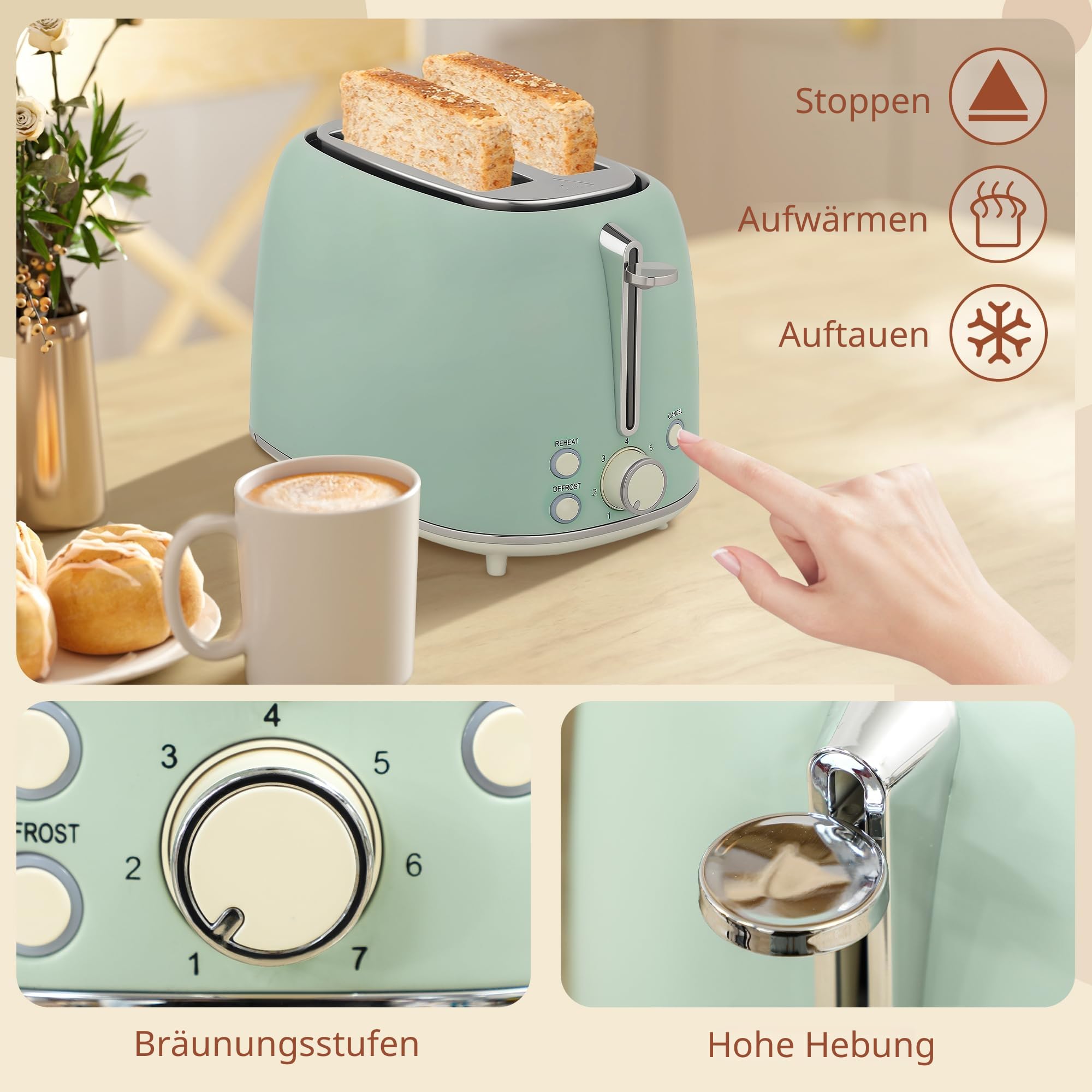 HOMCOM Edelstahl Wasserkocher und Toaster Set 2200 W 1,7 L 2-Scheiben-Toaster 7 Bräunungsstufen grün