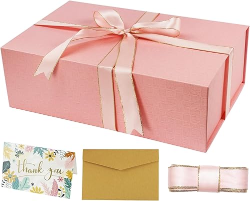 YINUOYOUJIA Caja de regalo de 14 x 9 x 4.5 pulgadas, caja de regalo grande con tapa de cierre magnético, cinta y tarjeta, caja de regalo rosa para