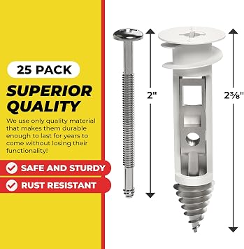 Heavy Duty Drywall Anchors and Screws Kit Including Toggle Anchors & Screws Durable Zinc Plastic Self Drilling Drywall Anchors for Hanging Pictures & More (25 Pack)