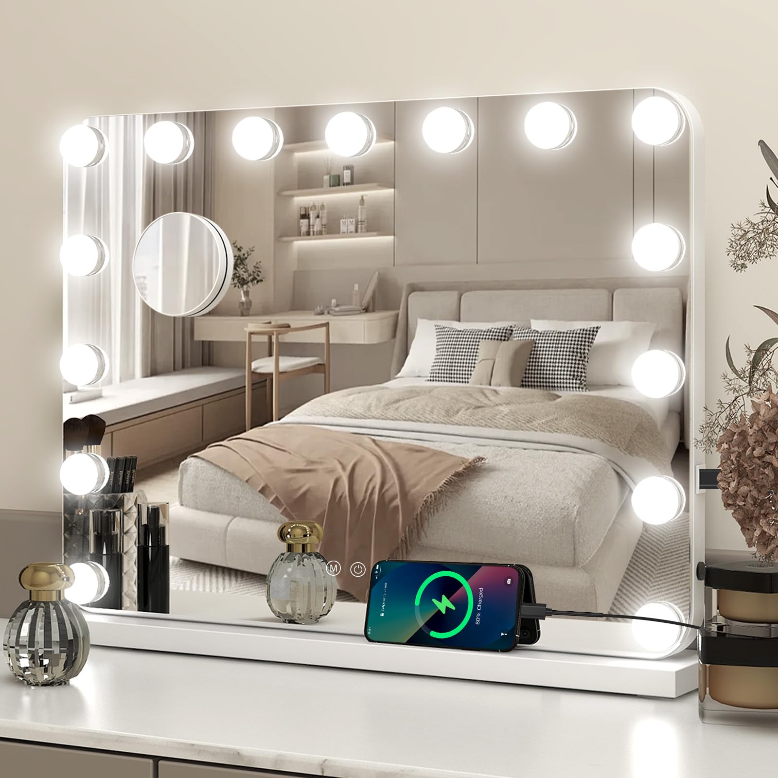 YOURLITE Hollywood Vanity Mirror with Lights, 58×45cm Lighted Makeup Mirror with 15 Dimmable LED Bulbs, 3 Lighting Modes, Touch Screen Control, USB Output, Tabletop and Wall Mounted