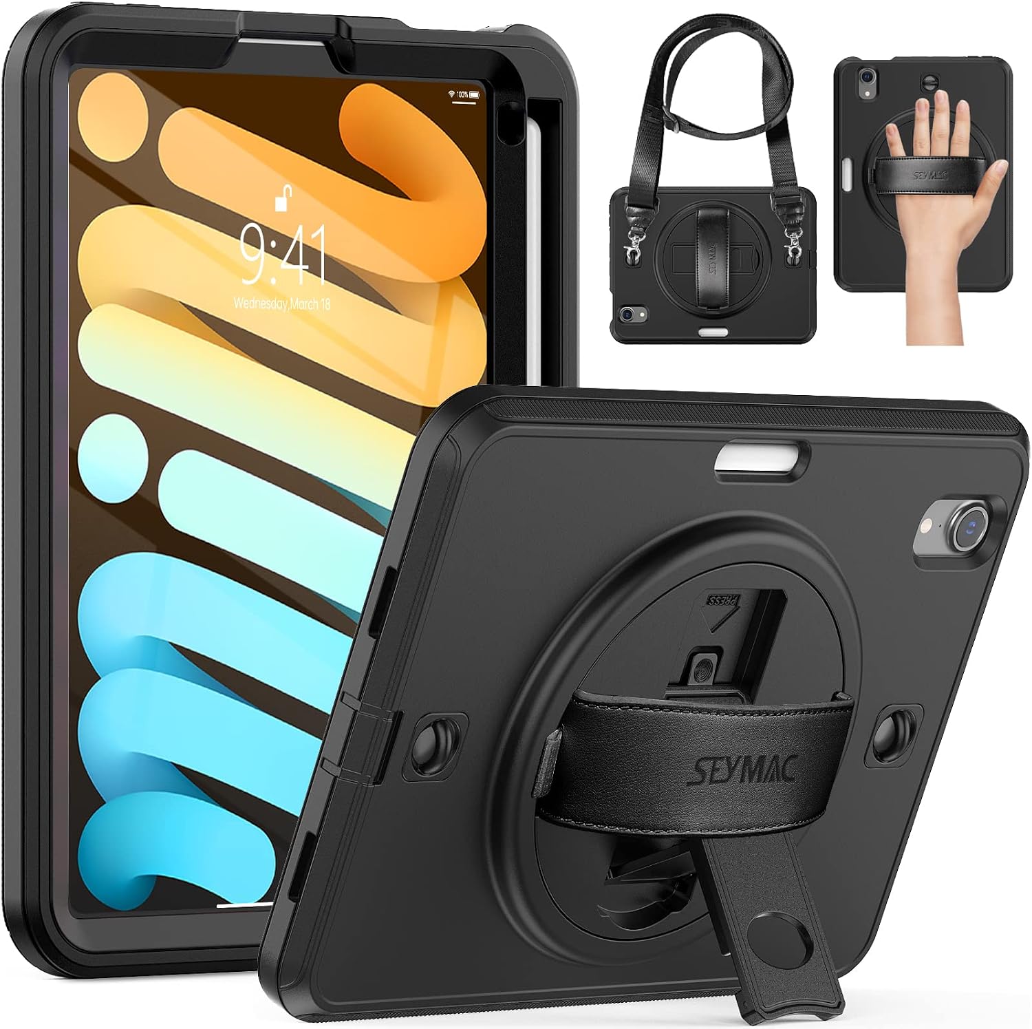 SEYMAC iPad Mini 6 Case 2021 Mini 6th Generation Case, Shockproof Protective Mini 6 Kids Case with Pencil Holder Screen Protector Hand Strap Stand Case for iPad Mini 6th Gen 8.3 Inch 2021, Black