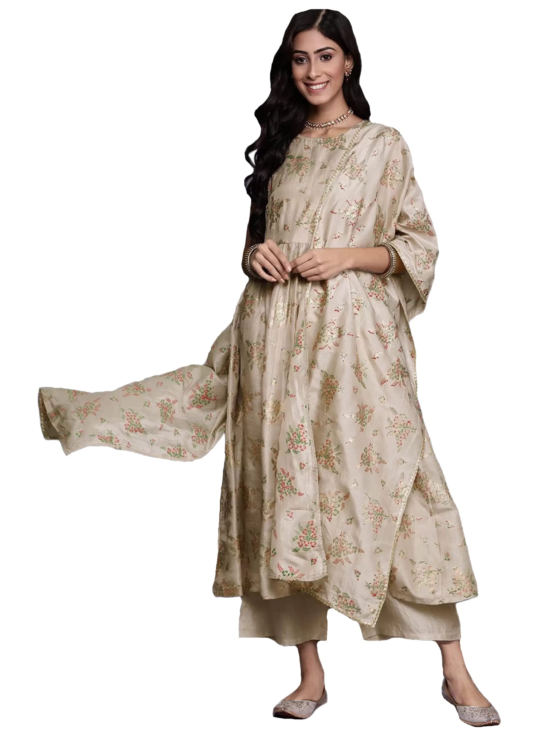 ANNI DESIGNERWomen's Cotton Blend Floral Printed Anarkali Kurta with Palazzos & with Dupatta (Emozi)