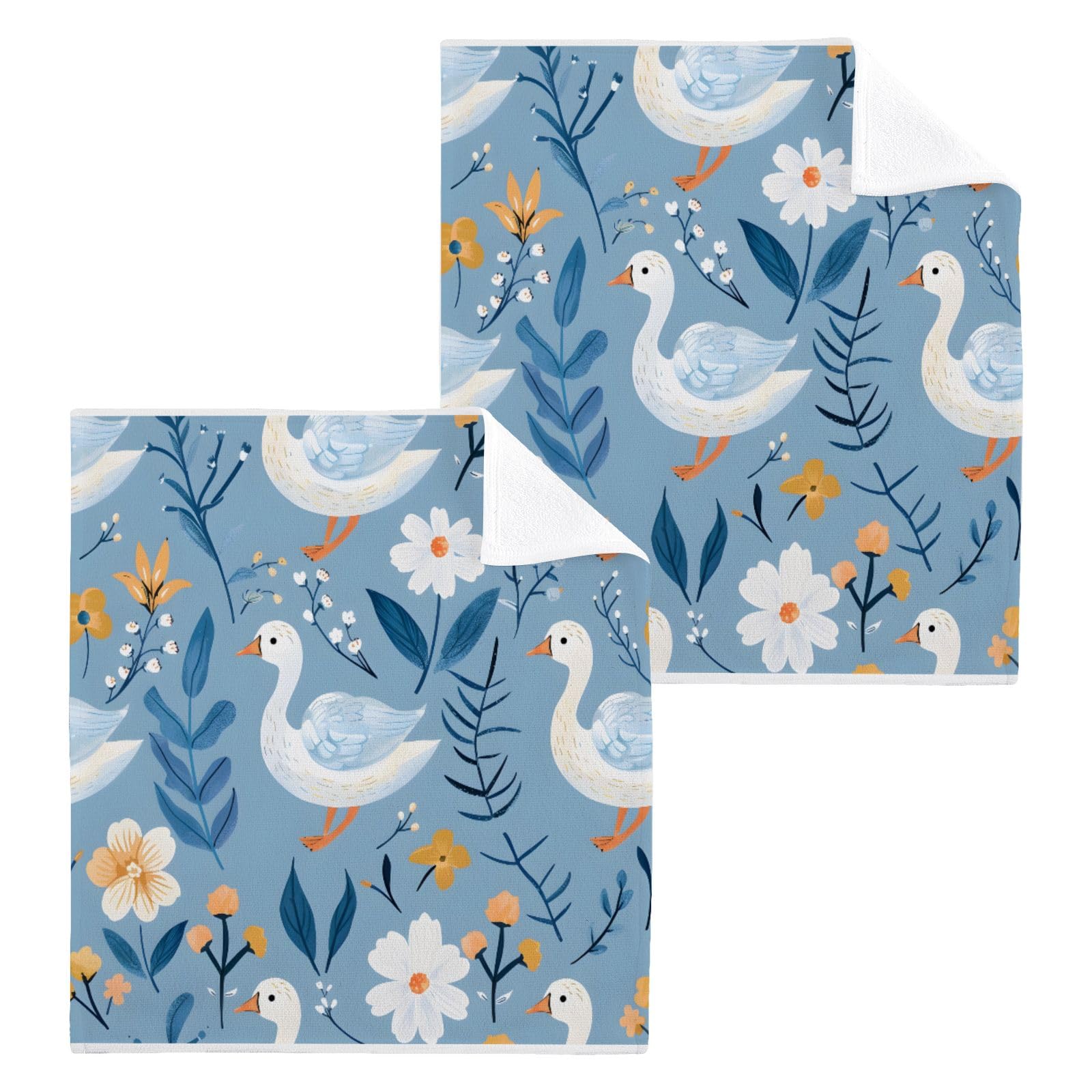 ALAZA Wash Cloth Set 100% Cotton Fingertip Towels Face Cloths Sets Bule Duck Flower Highly Absorbent Soft Feel Set of 2
