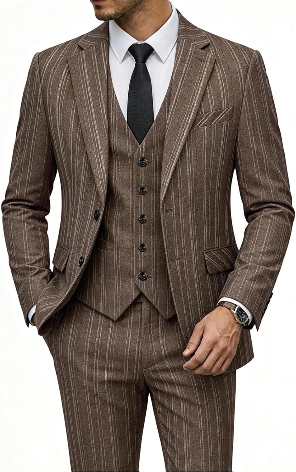 MOGU 3 Piece Pinstripe Suit for Men Slim Fit Stripe Tuxedo Single Breasted Dress Set for Business Wedding Party