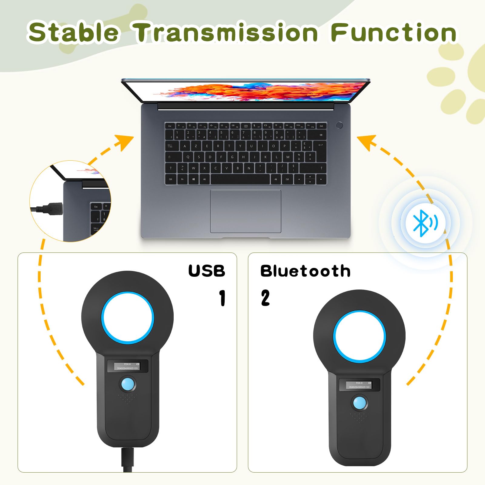 Lector de identificación de mascotas, lector de chips Bluetooth para animales, lector de microchip RFID de 134,2 kHz 125 kHz con brillo OLED indicador 128 unidades de almacenamiento de información